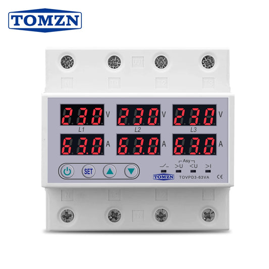 3-Phase 3P+N Voltmeter Ammeter | Adjustable Over/Under Voltage & Current Limit Protection | Relay Protector