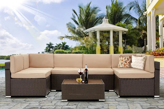 7-Piece Outdoor Patio Sofa Set – PE Rattan Wicker Sectional Furniture with Cushions
