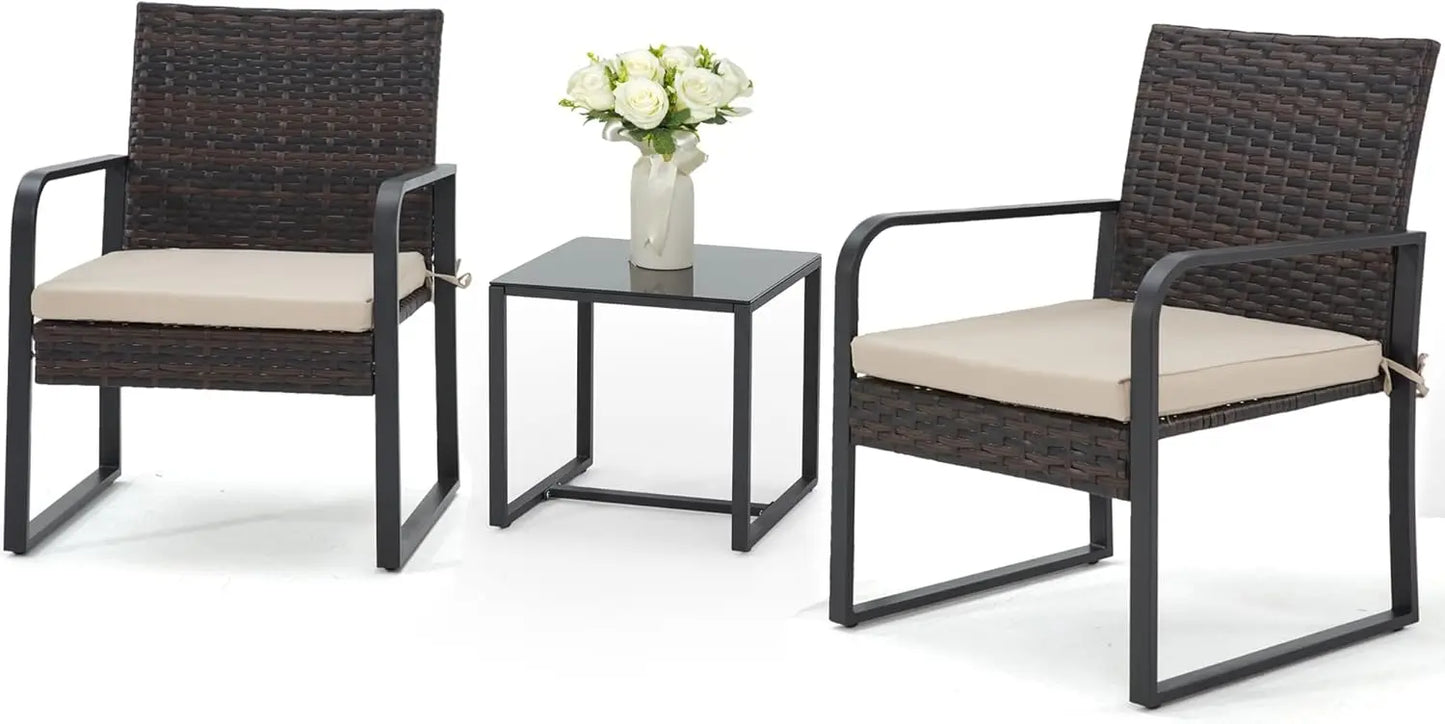 3-Piece Rattan Patio Furniture Set – Wicker Bistro Set with Glass Coffee Table