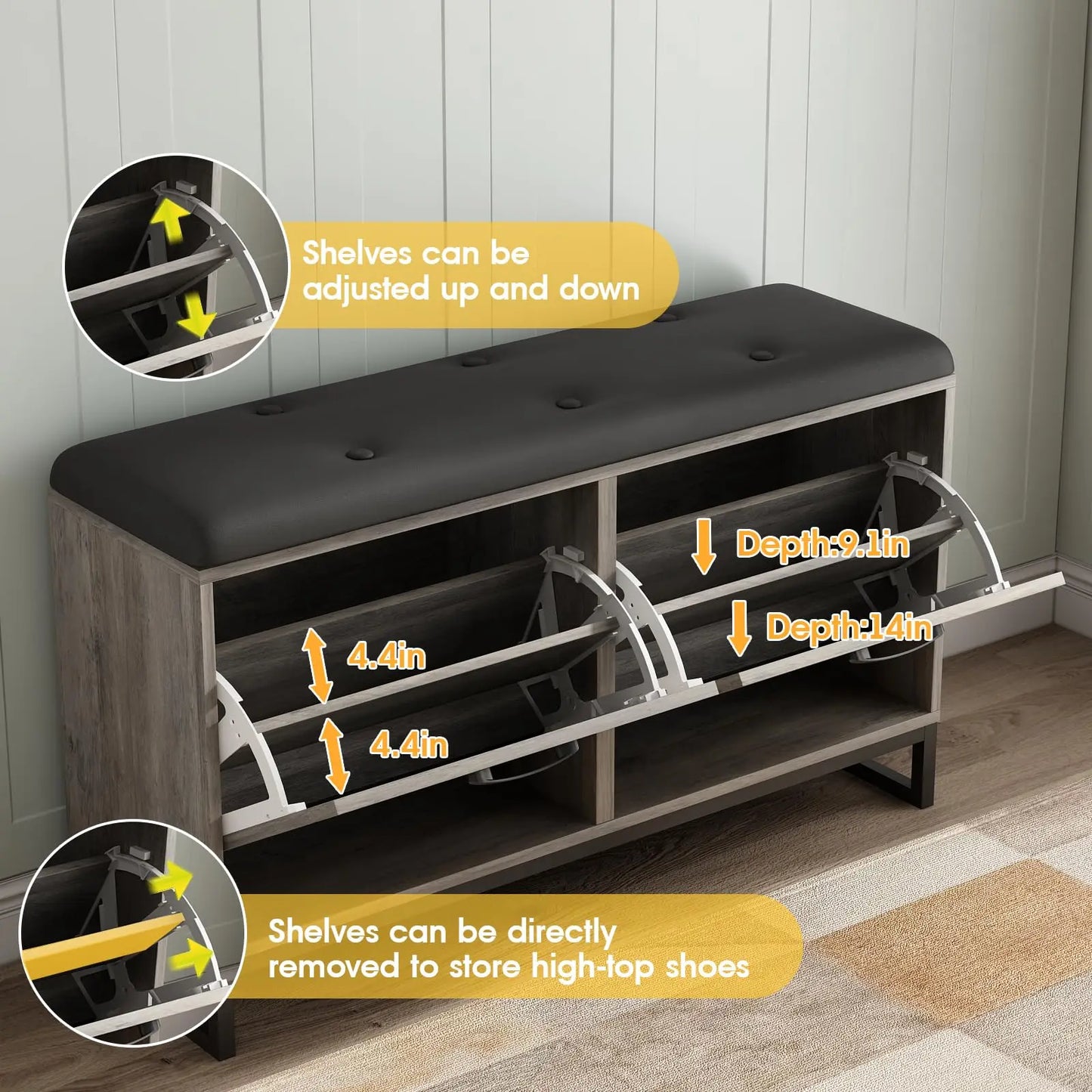 Vabches Shoe Storage Bench – Wooden Cabinet with 2 Flip Drawers & Coat Rack