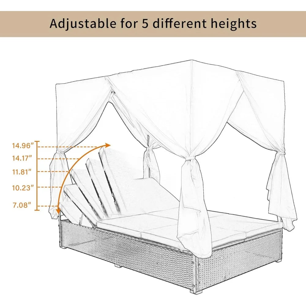 Outdoor Rattan Daybed with Canopy and Adjustable Seats