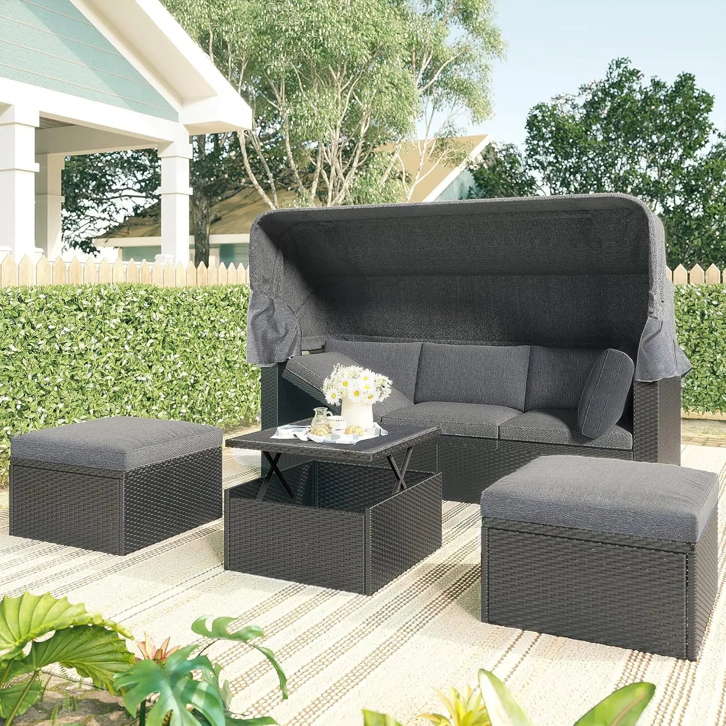 Outdoor Rattan Daybed with Canopy and Adjustable Seats