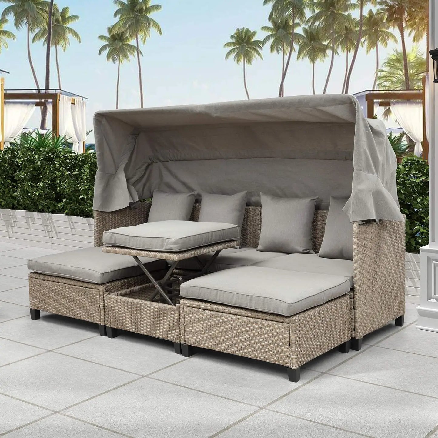 Outdoor Rattan Daybed with Canopy and Adjustable Seats