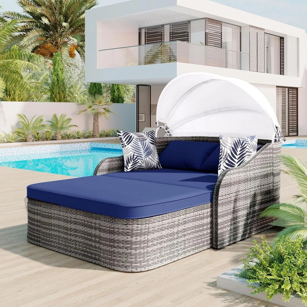 Outdoor Wicker Double Chaise Daybed with Adjustable Canopy