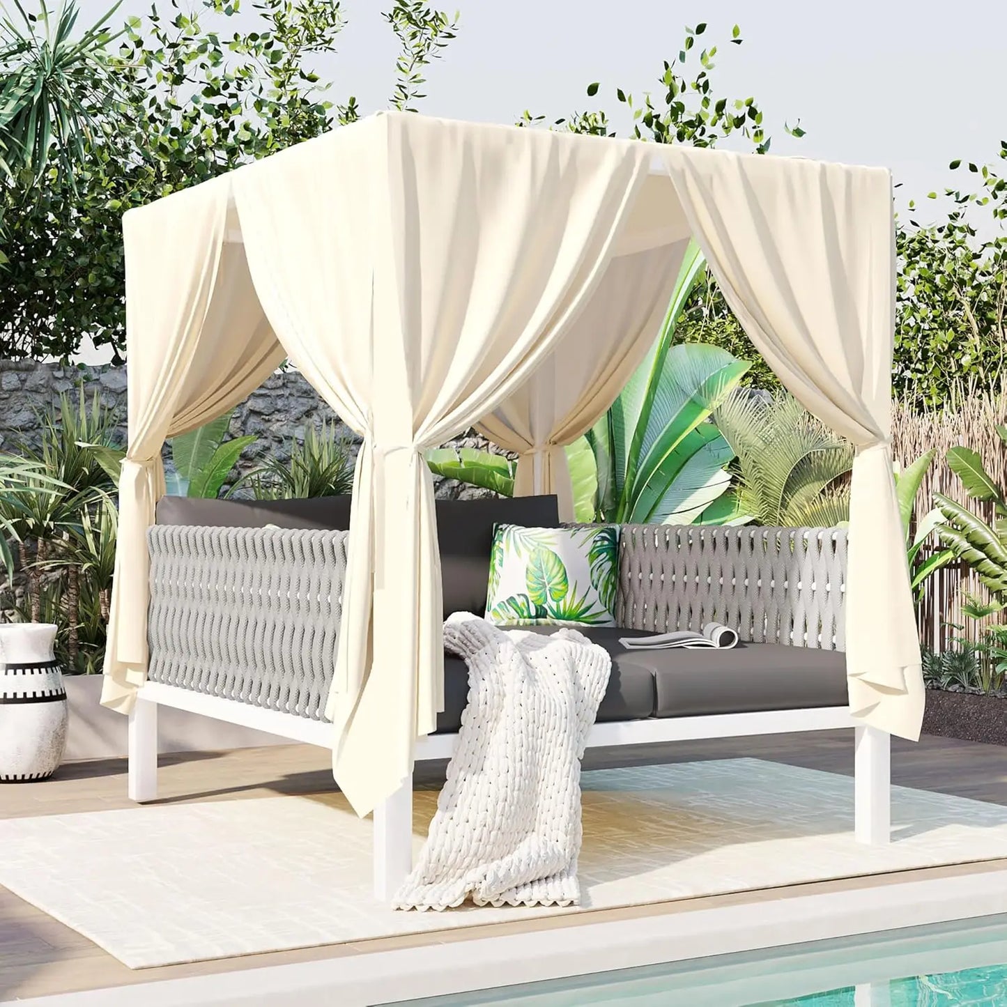 Outdoor Rattan Daybed with Canopy and Adjustable Seats