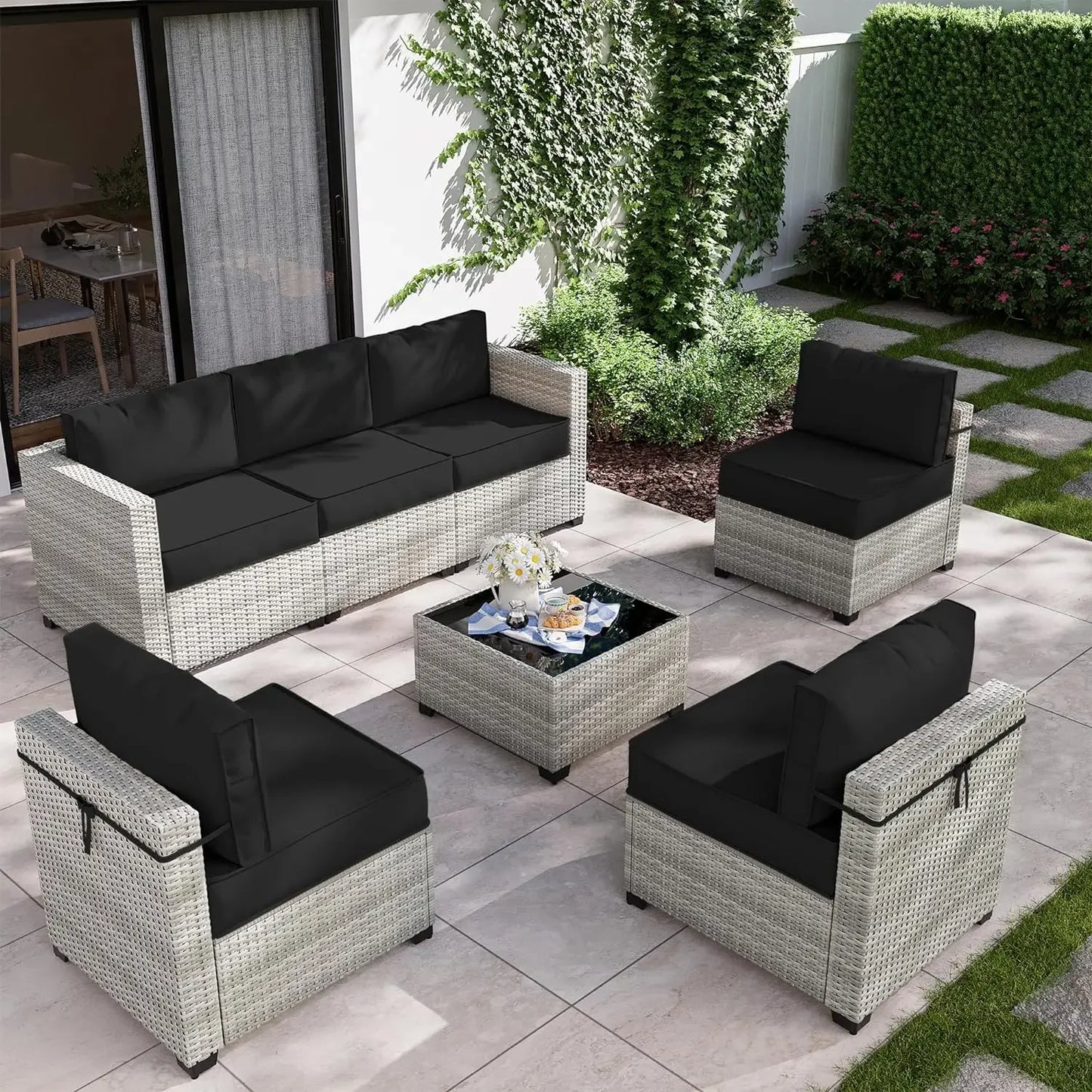 8-Piece Outdoor Patio Furniture Set with Fire Pit Table – Modular Wicker Conversation Set