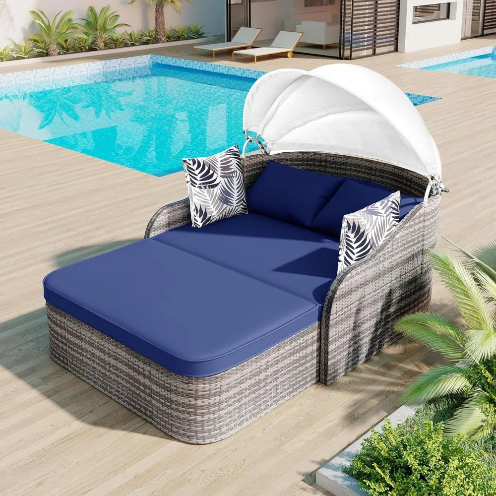 Outdoor Wicker Double Chaise Daybed with Adjustable Canopy