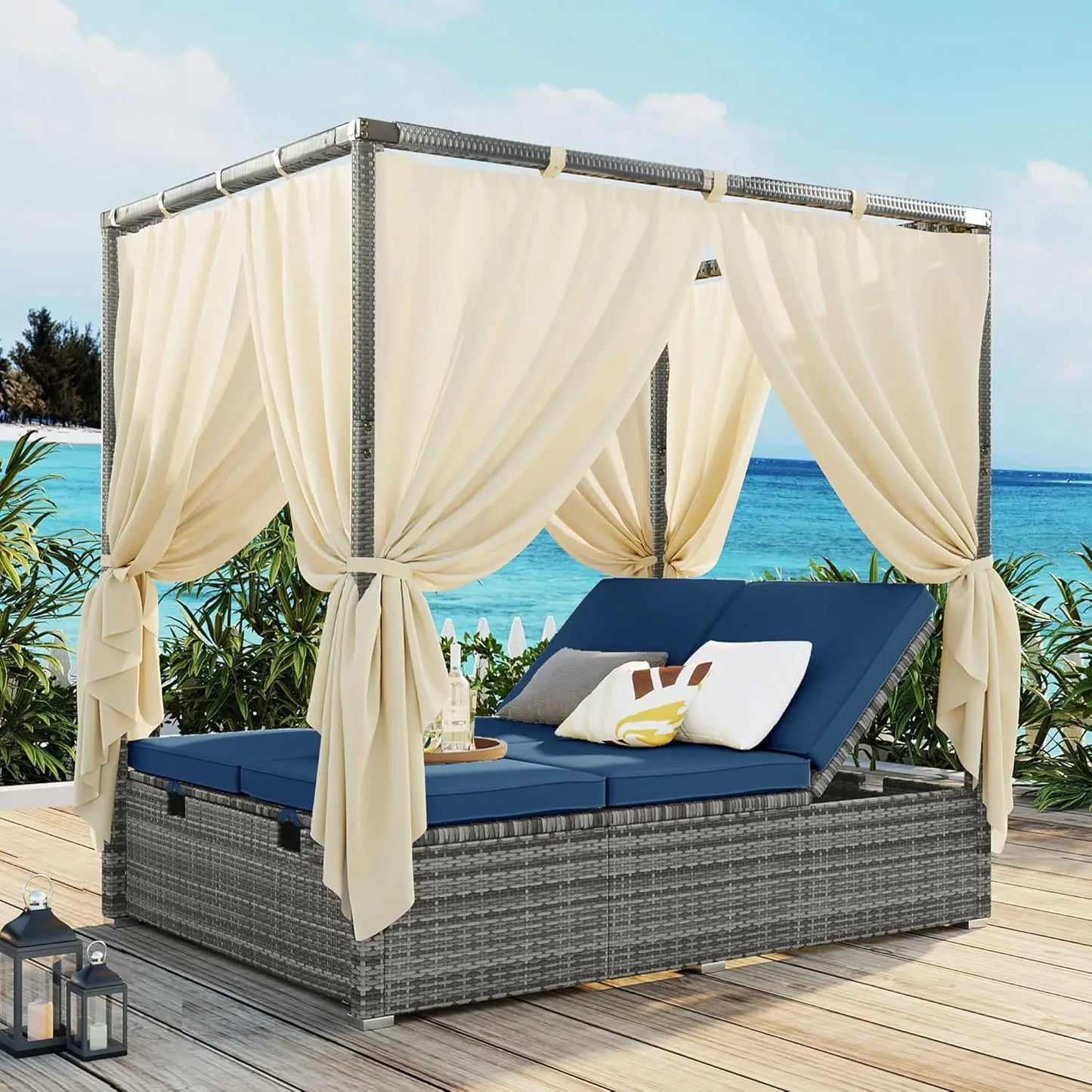Outdoor Rattan Daybed with Canopy and Adjustable Seats