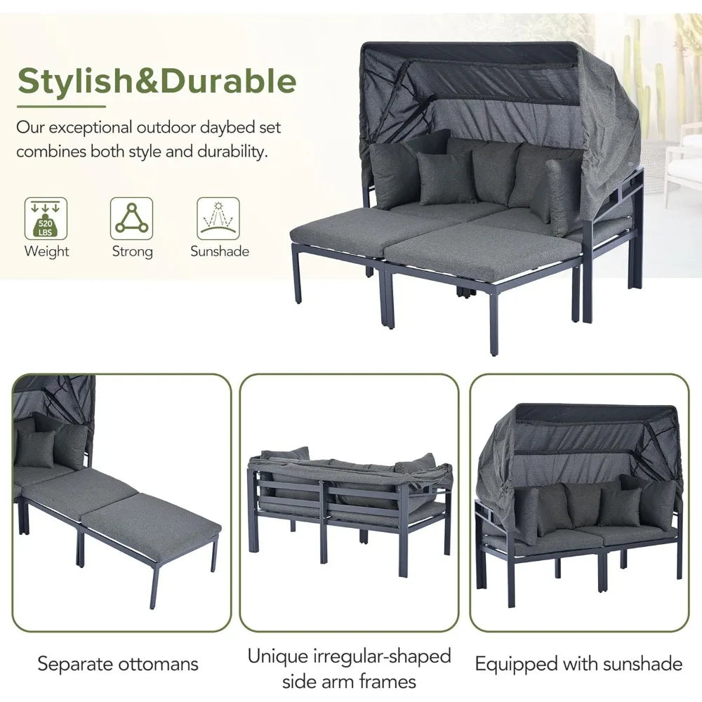3-Piece Outdoor Patio Daybed with Retractable Canopy