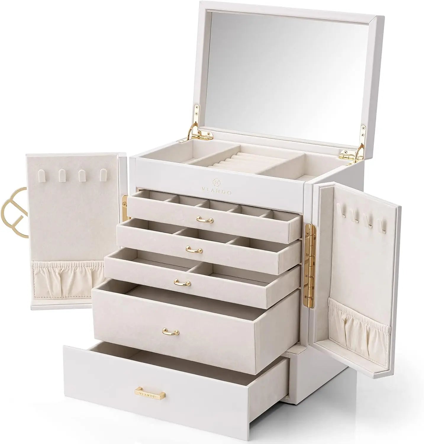 Large 6-Tier Jewelry Box with Mirror and 5 Drawers – Jewelry Organizer Storage Case