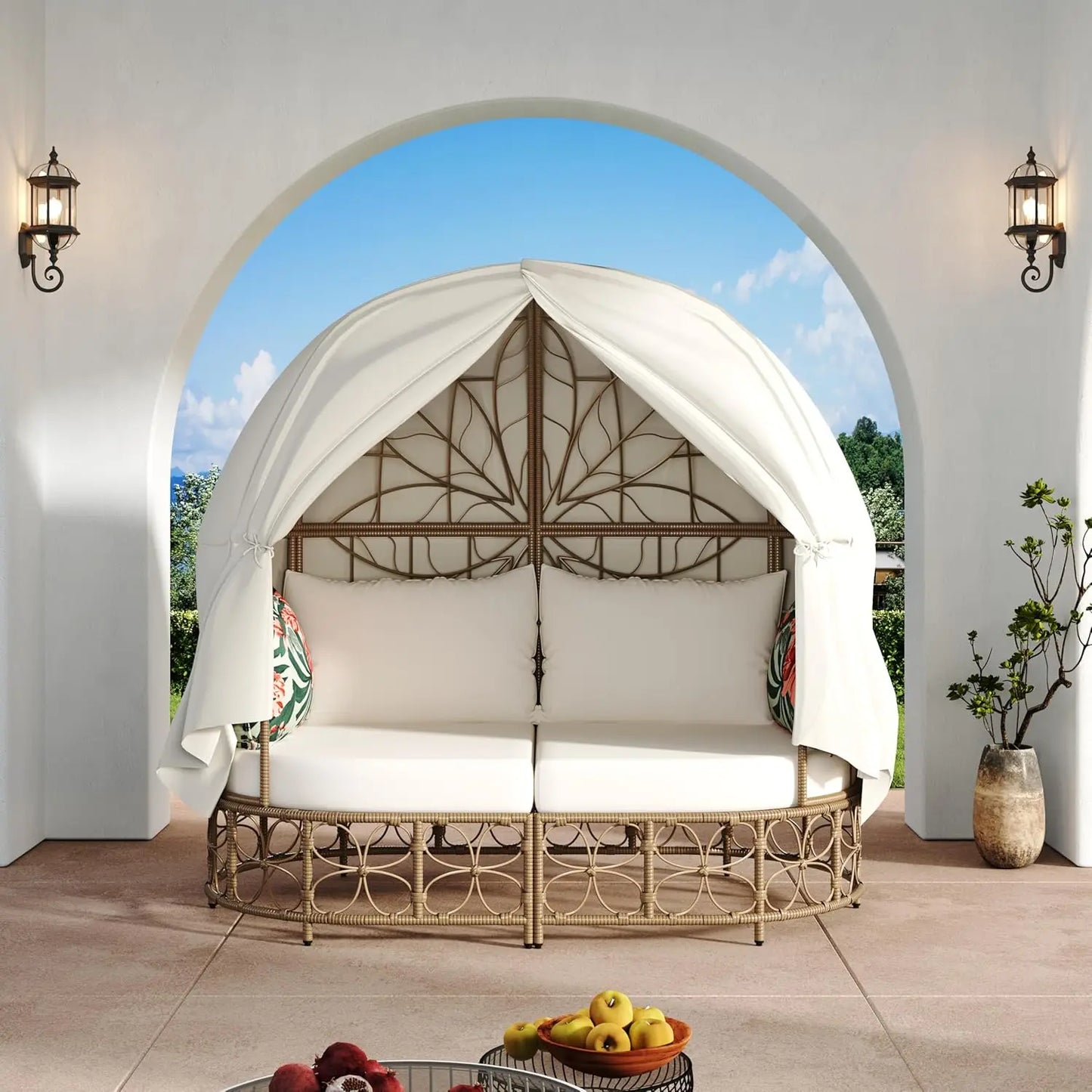 Outdoor Rattan Daybed with Canopy and Adjustable Seats