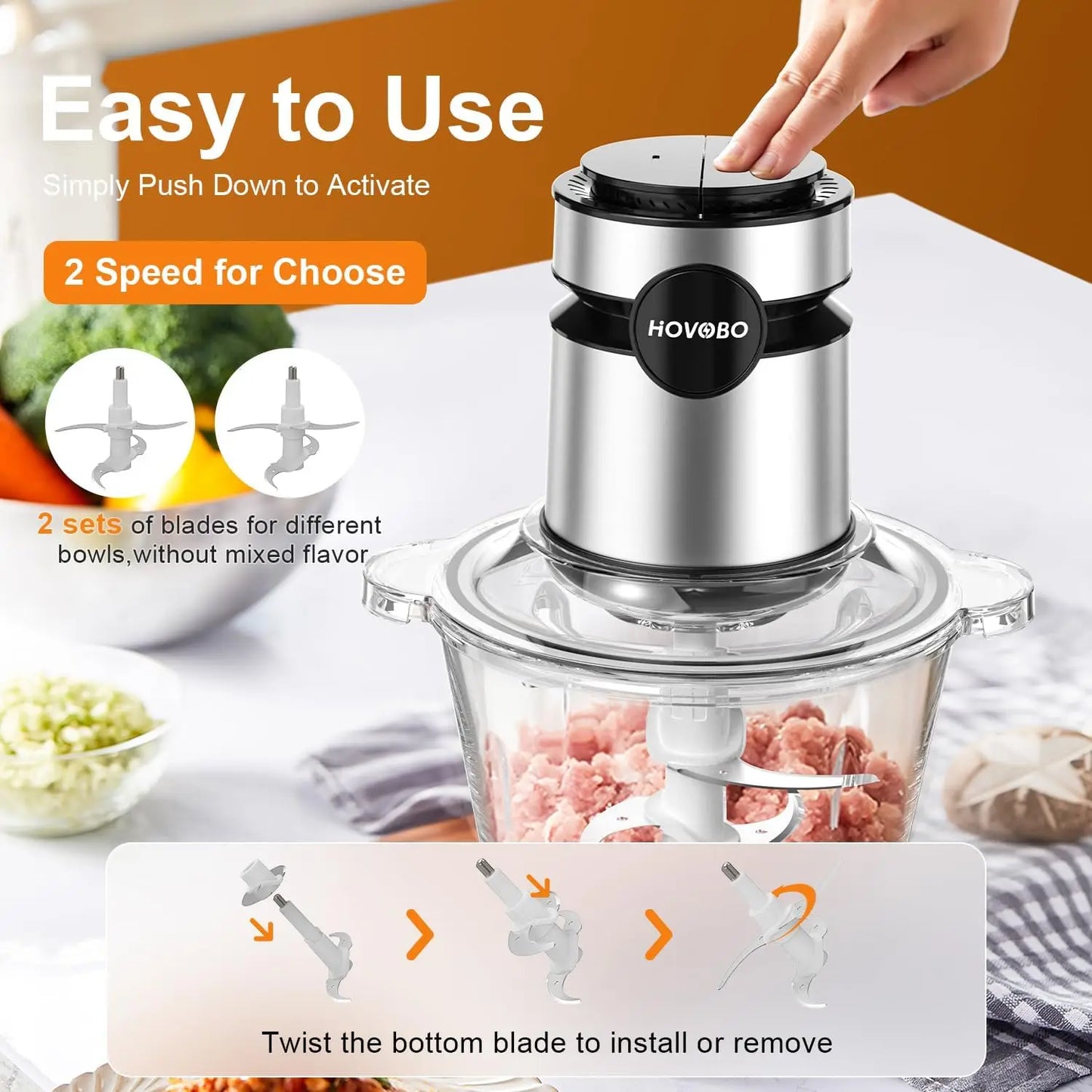 500W 2-Speed Electric Food Processor & Meat Grinder
