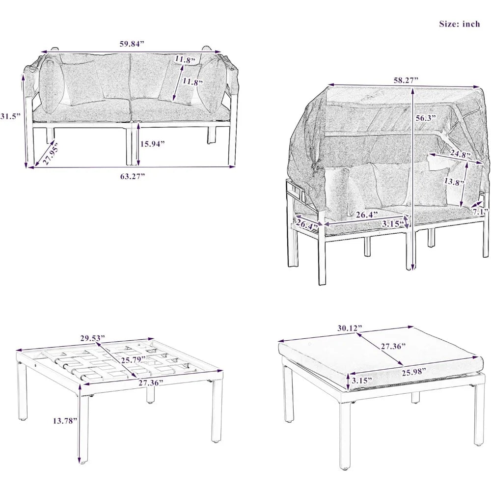 3-Piece Outdoor Patio Daybed with Retractable Canopy