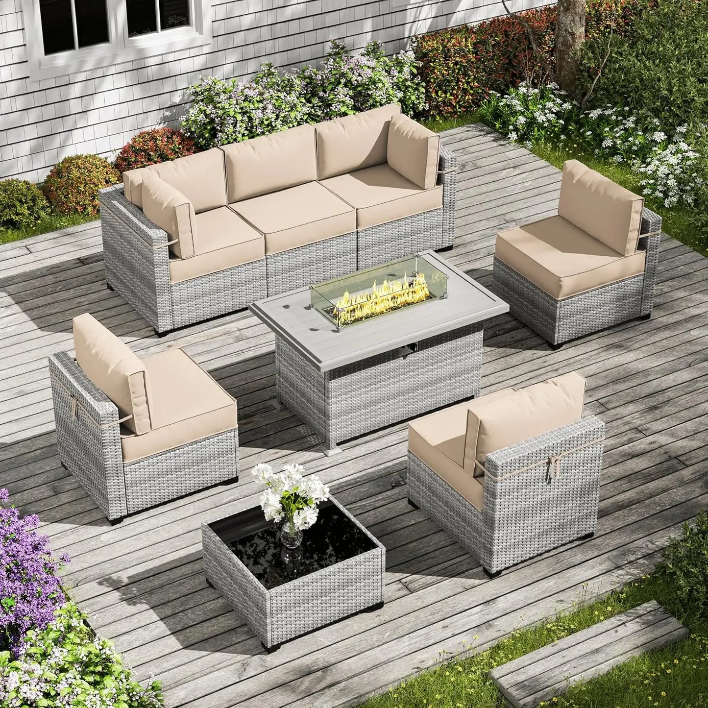 8-Piece Outdoor Patio Furniture Set with Fire Pit Table – Modular Wicker Conversation Set