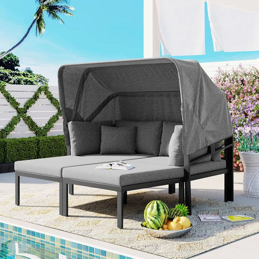 3-Piece Outdoor Patio Daybed with Retractable Canopy
