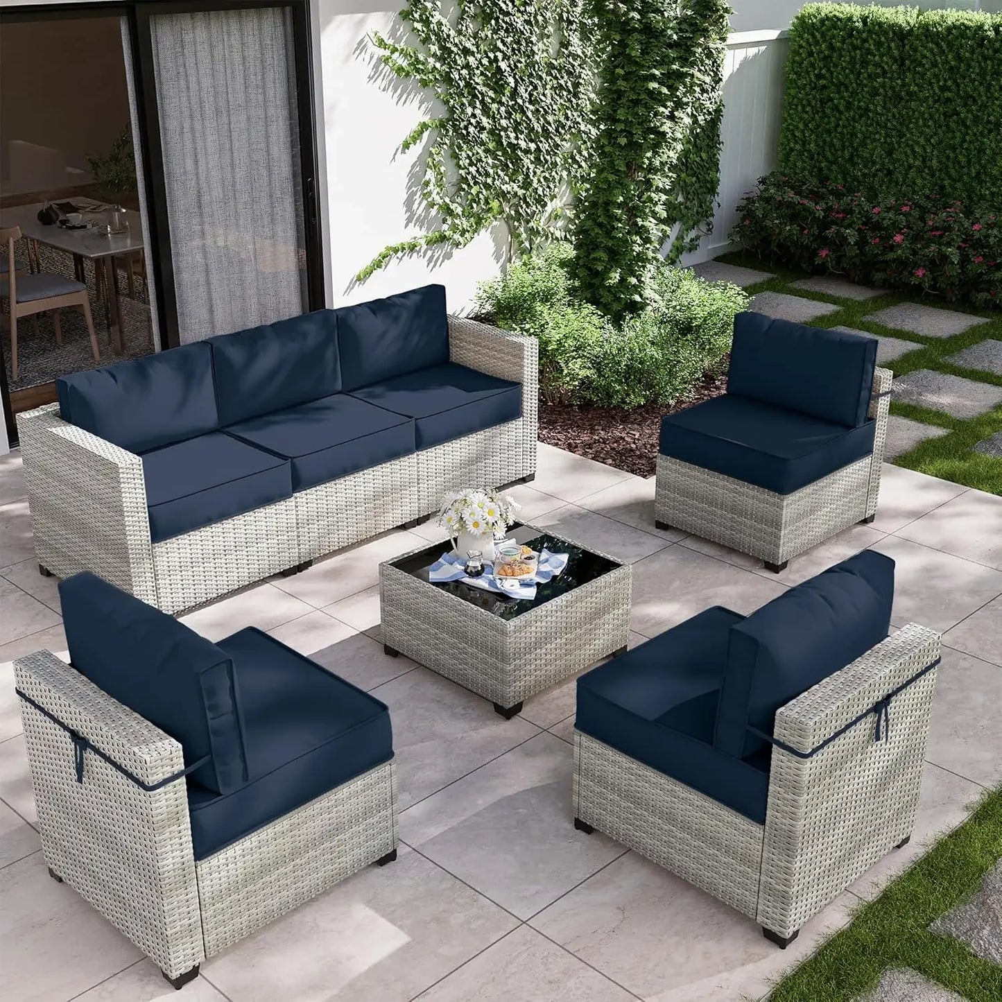 8-Piece Outdoor Patio Furniture Set with Fire Pit Table – Modular Wicker Conversation Set
