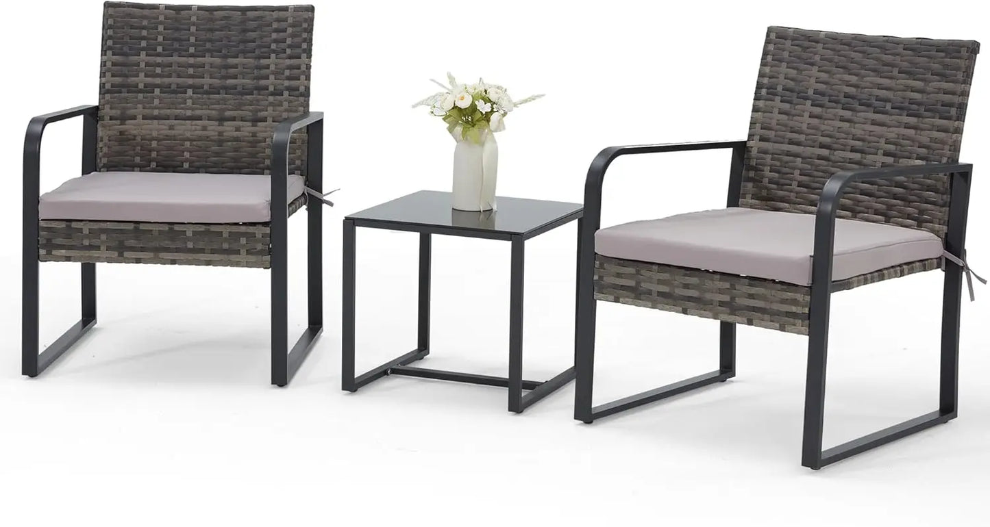3-Piece Rattan Patio Furniture Set – Wicker Bistro Set with Glass Coffee Table