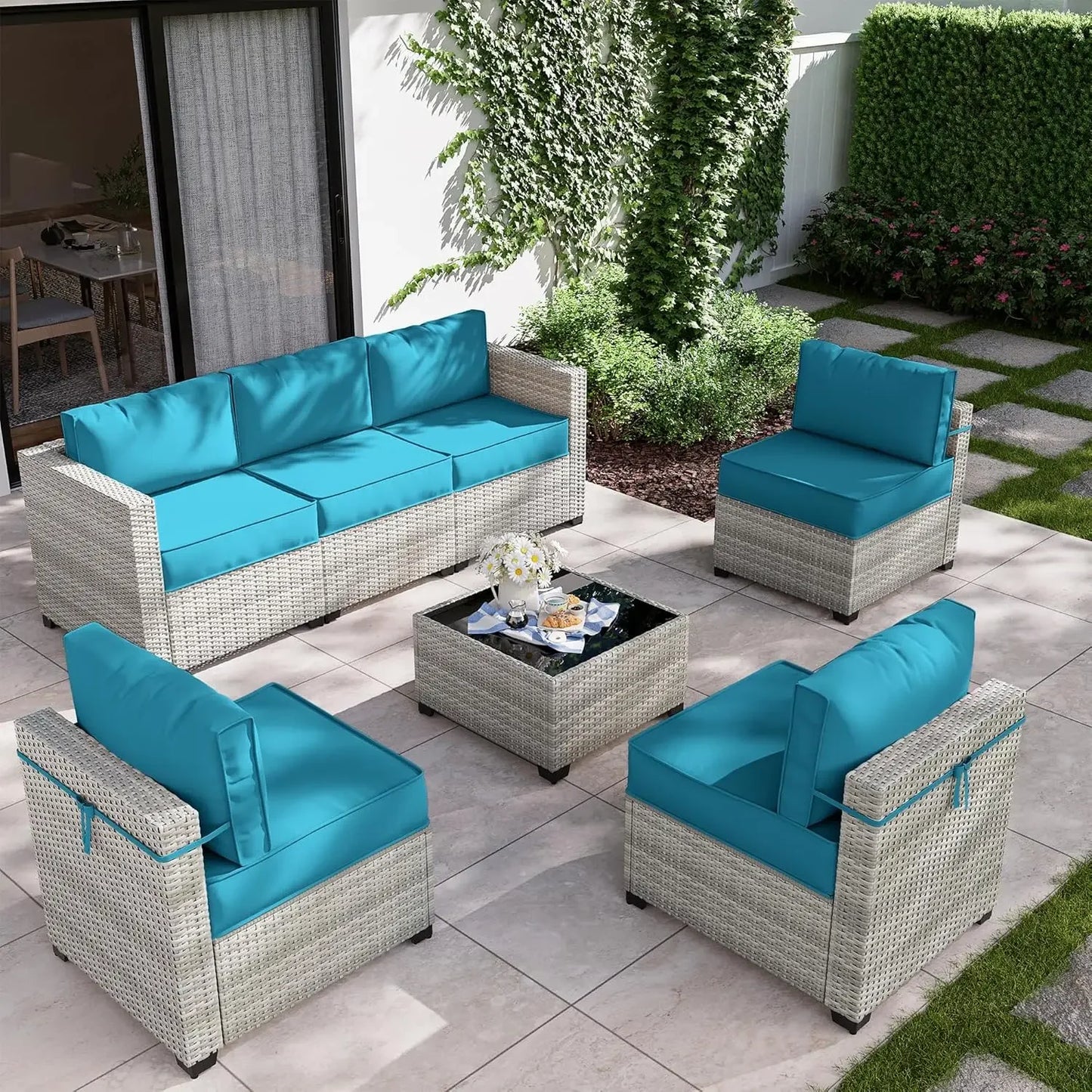 8-Piece Outdoor Patio Furniture Set with Fire Pit Table – Modular Wicker Conversation Set