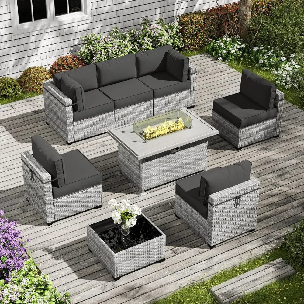 8-Piece Outdoor Patio Furniture Set with Fire Pit Table – Modular Wicker Conversation Set