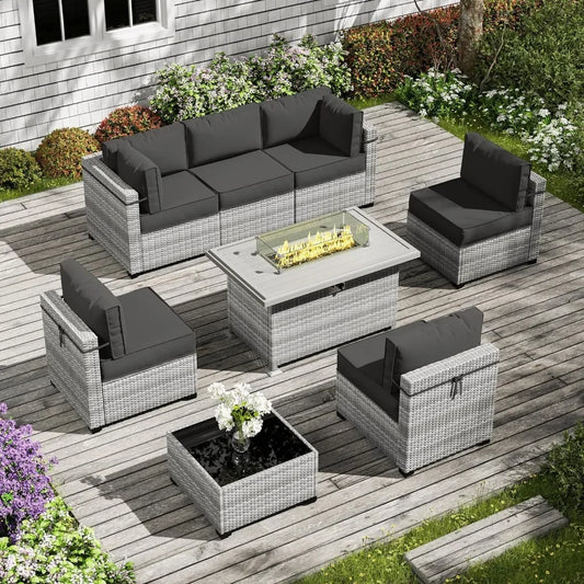 8-Piece Outdoor Patio Furniture Set with Fire Pit Table – Modular Wicker Conversation Set