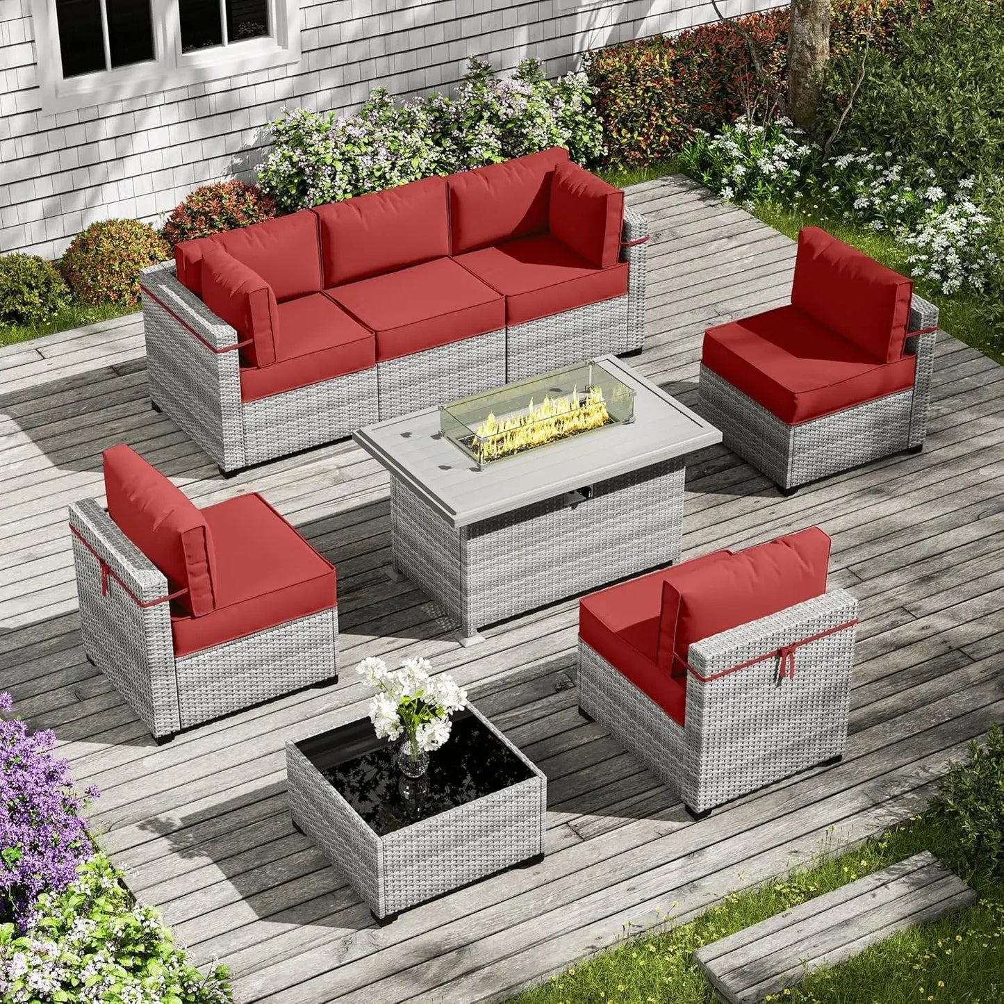 8-Piece Outdoor Patio Furniture Set with Fire Pit Table – Modular Wicker Conversation Set