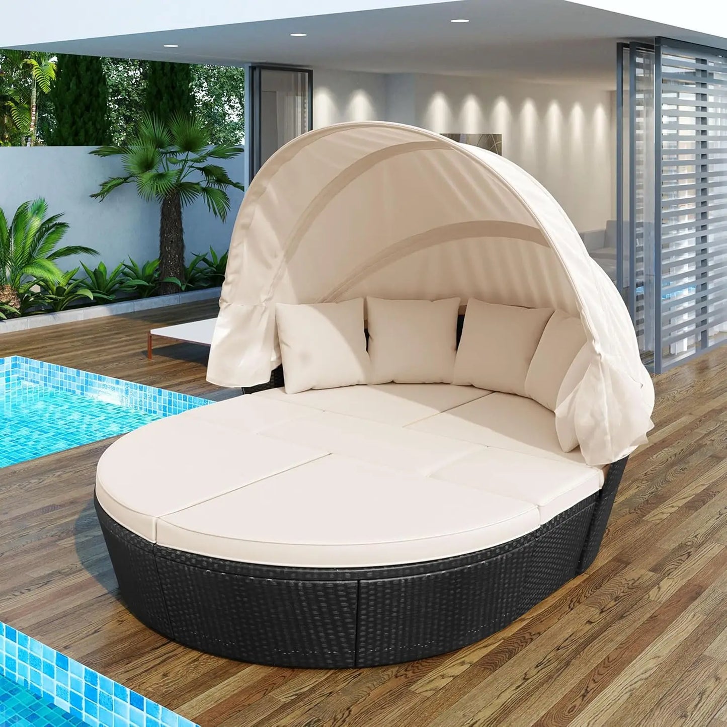 Outdoor Rattan Daybed with Canopy and Adjustable Seats