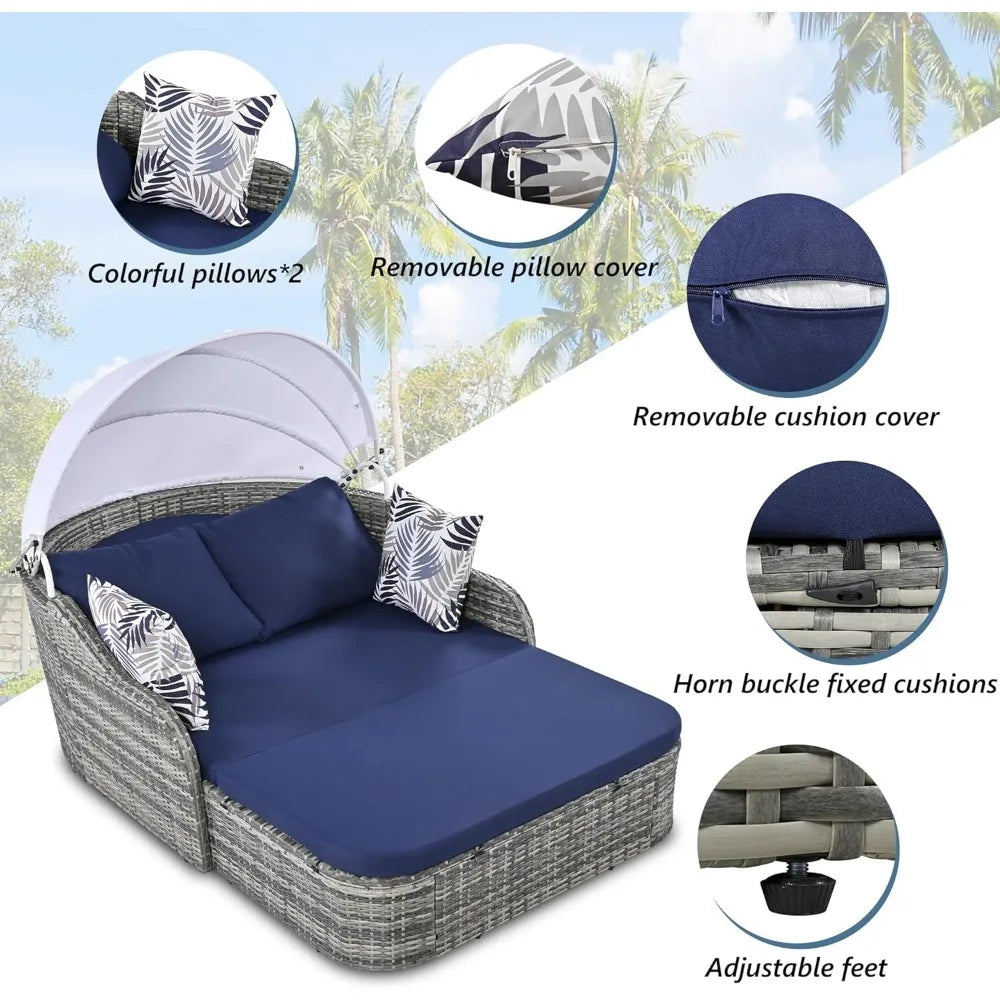 Outdoor Wicker Double Chaise Daybed with Adjustable Canopy