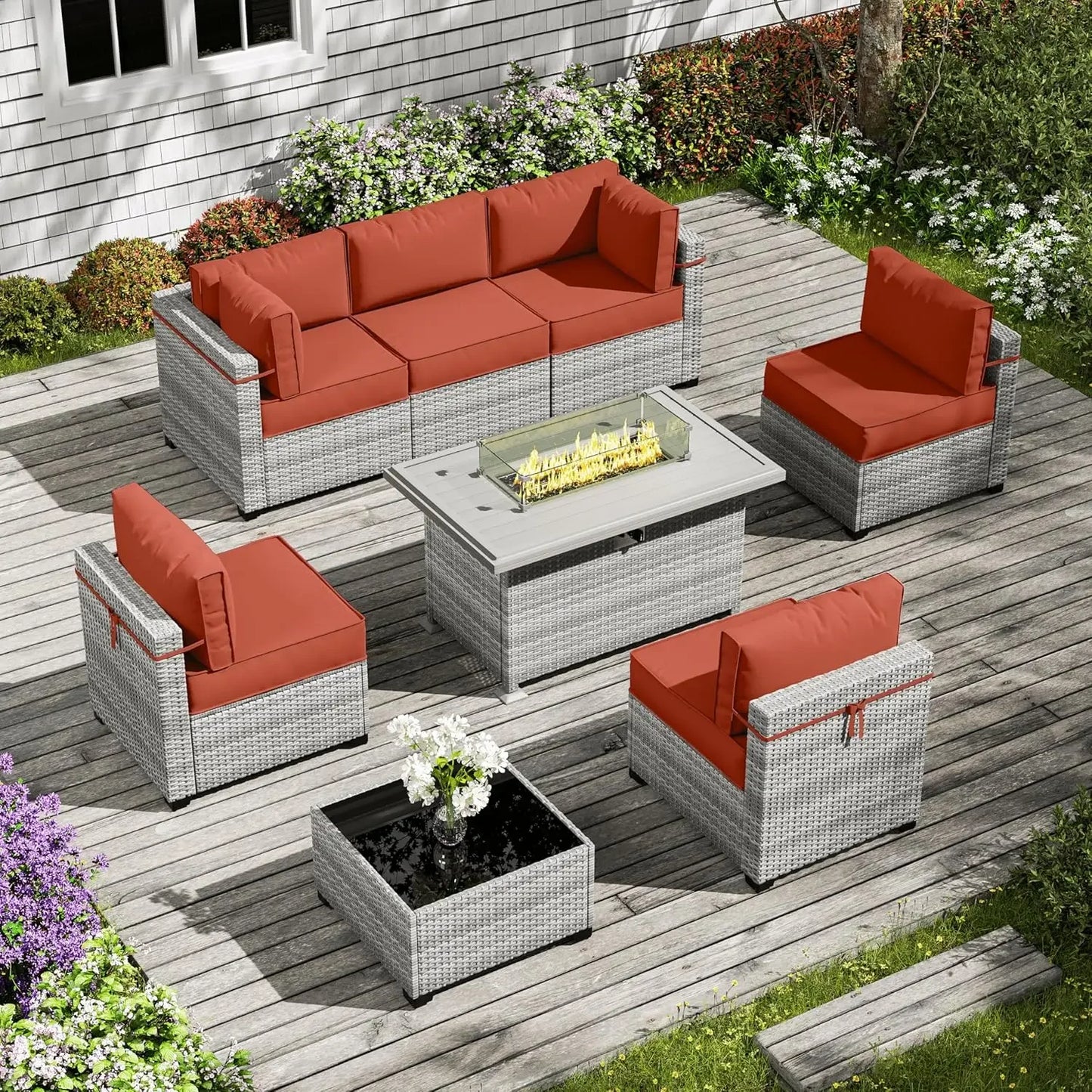 8-Piece Outdoor Patio Furniture Set with Fire Pit Table – Modular Wicker Conversation Set