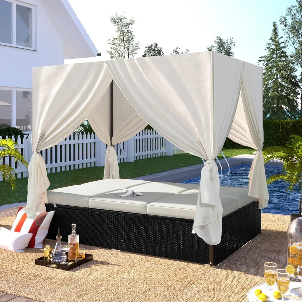 Outdoor Rattan Daybed with Canopy and Adjustable Seats