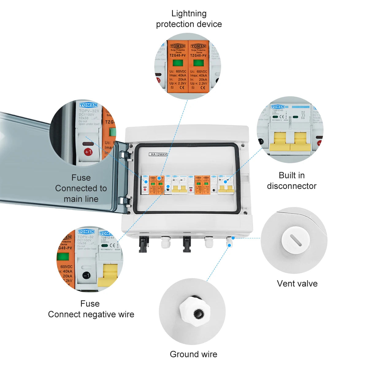 TOMZN 2 In 2 Out PV Combiner Box – 600V DC | 12-Way | IP65 Waterproof | SPD + MCB + Fuse
