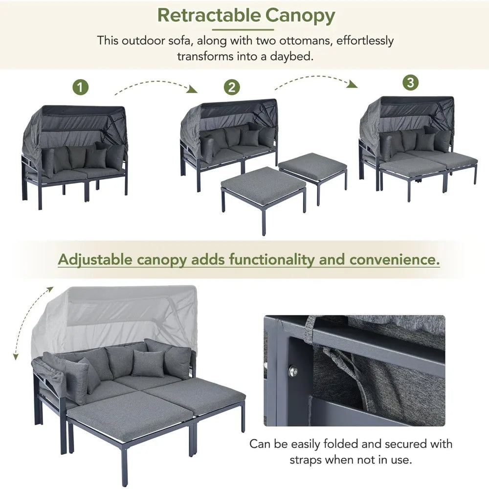 3-Piece Outdoor Patio Daybed with Retractable Canopy