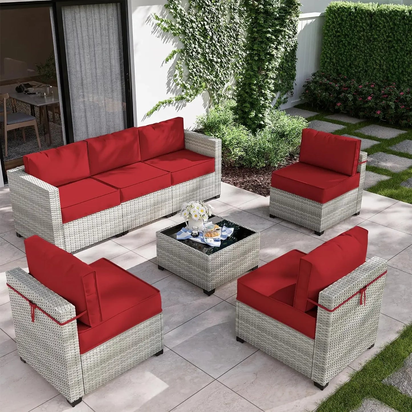 8-Piece Outdoor Patio Furniture Set with Fire Pit Table – Modular Wicker Conversation Set