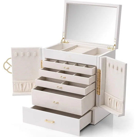 Large 6-Tier Jewelry Box with Mirror and 5 Drawers – Jewelry Organizer Storage Case