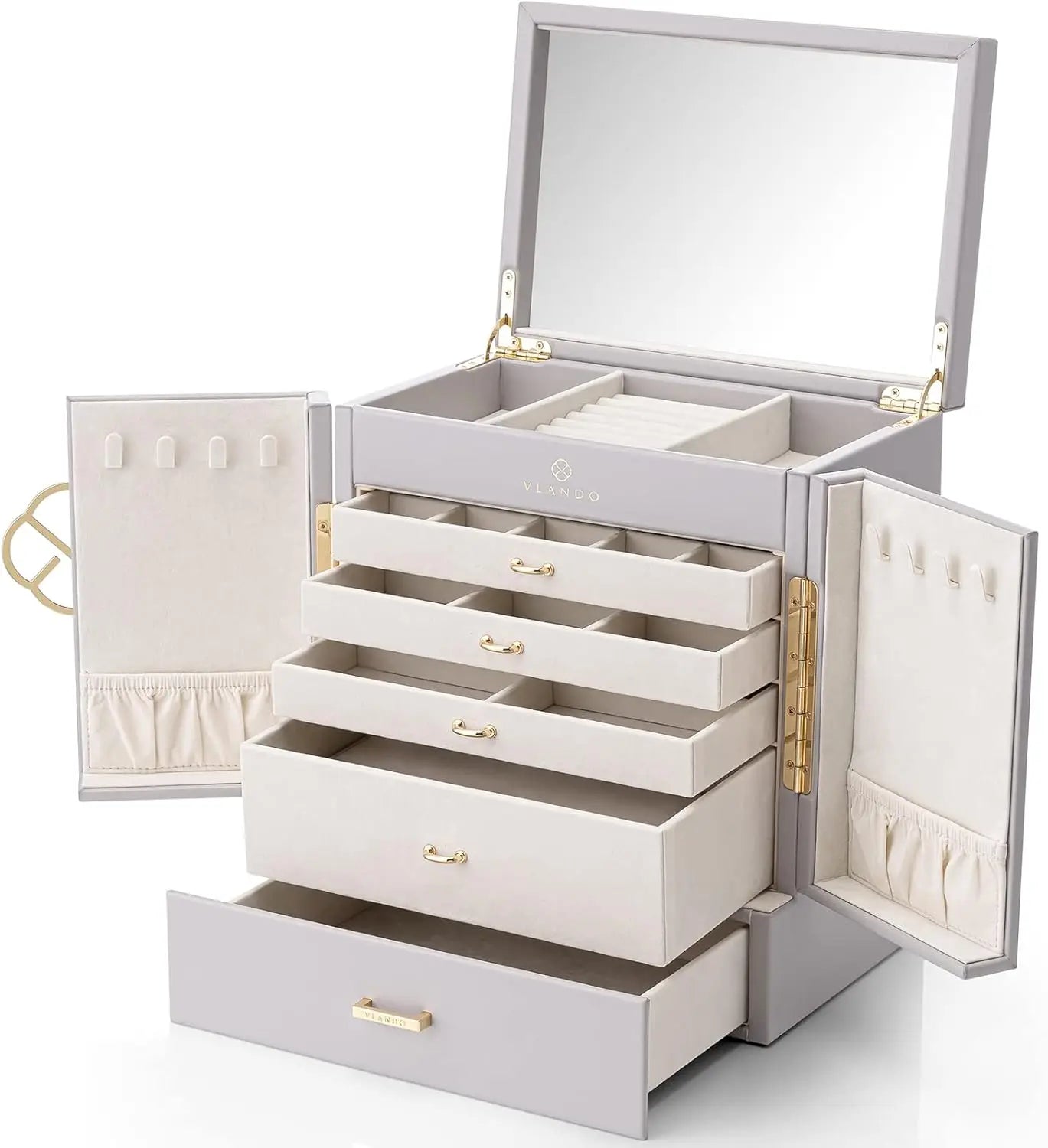 Large 6-Tier Jewelry Box with Mirror and 5 Drawers – Jewelry Organizer Storage Case