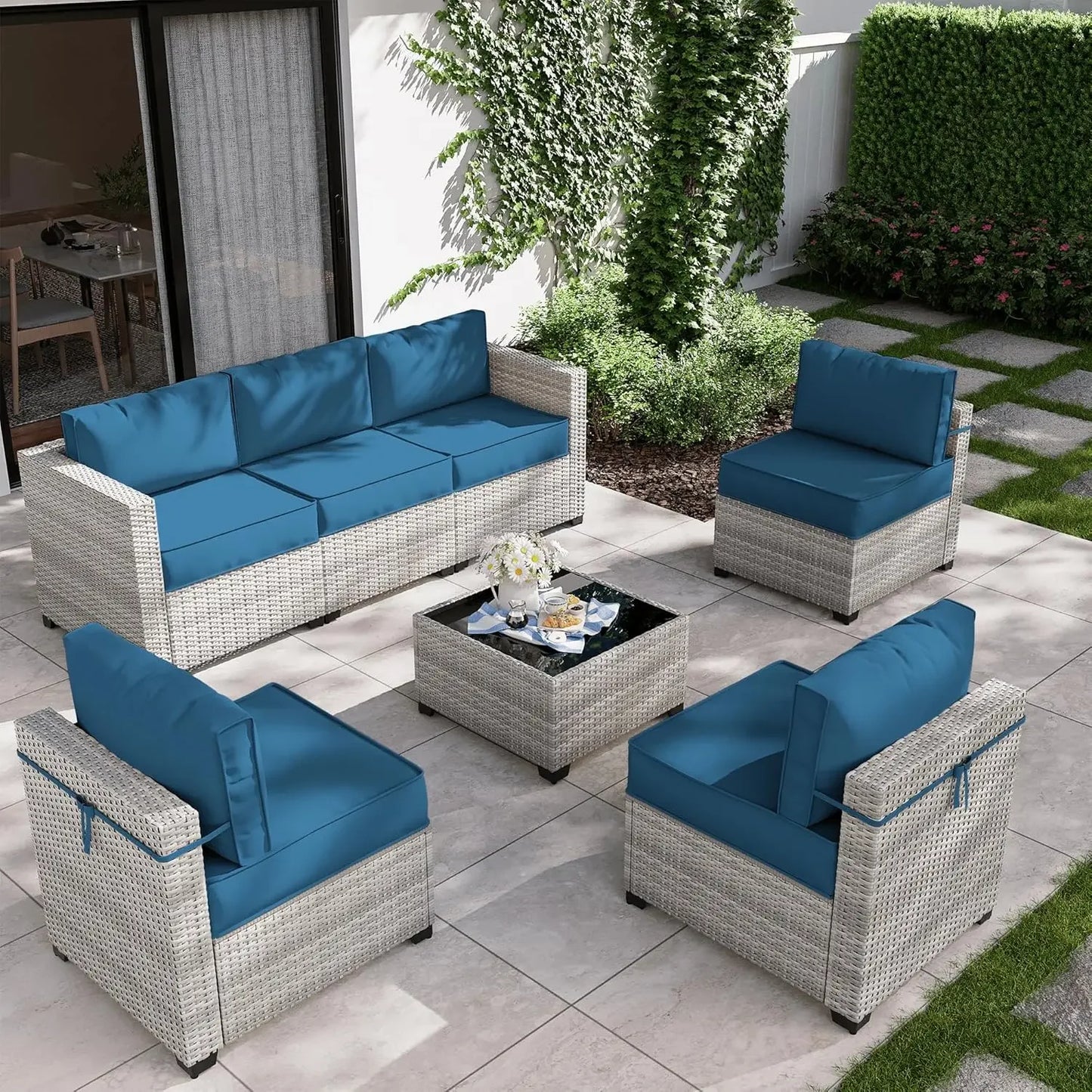8-Piece Outdoor Patio Furniture Set with Fire Pit Table – Modular Wicker Conversation Set