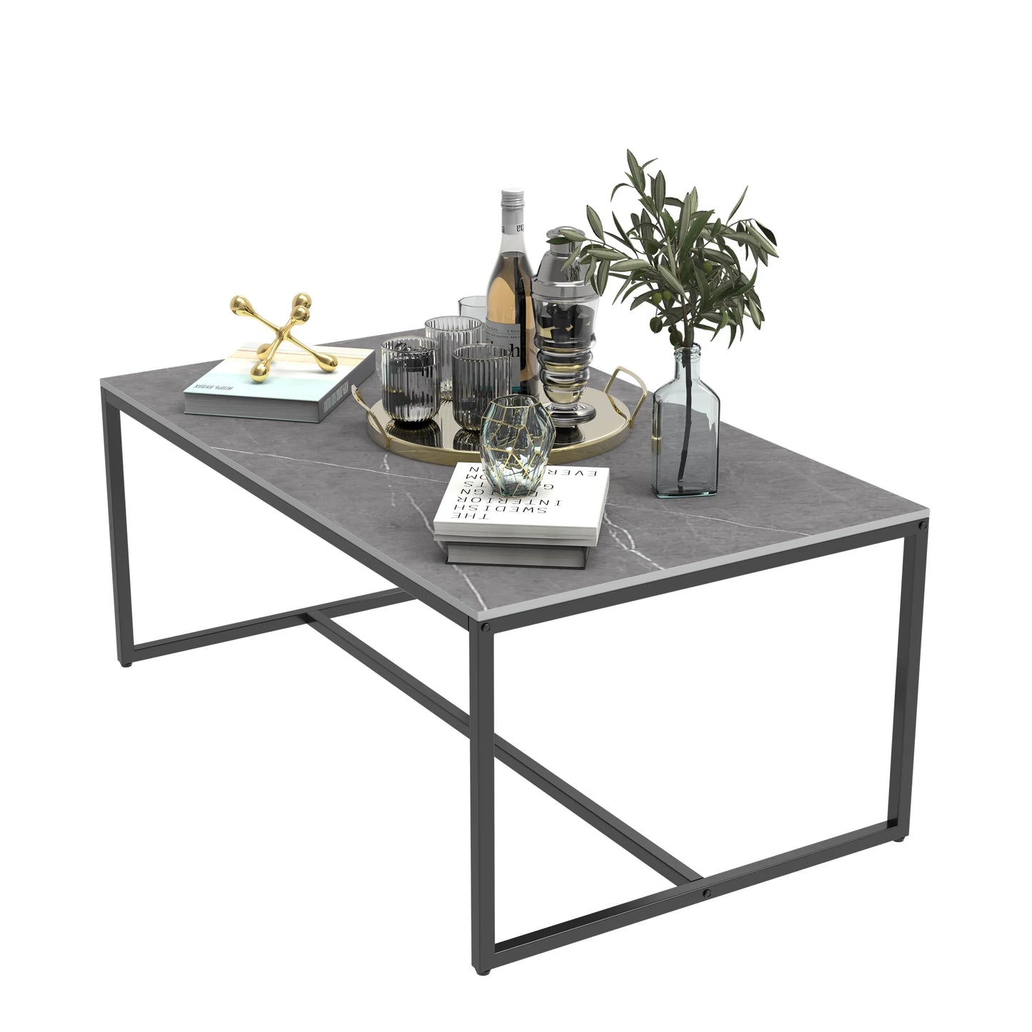 Grey Sintered Stone Coffee Table – Rectangular with Black Metal Frame