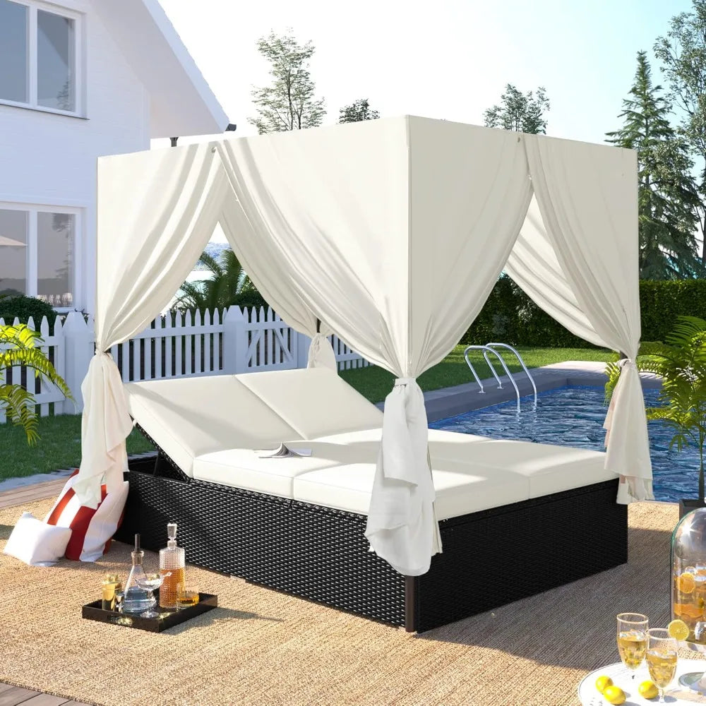 Outdoor Rattan Daybed with Canopy and Adjustable Seats