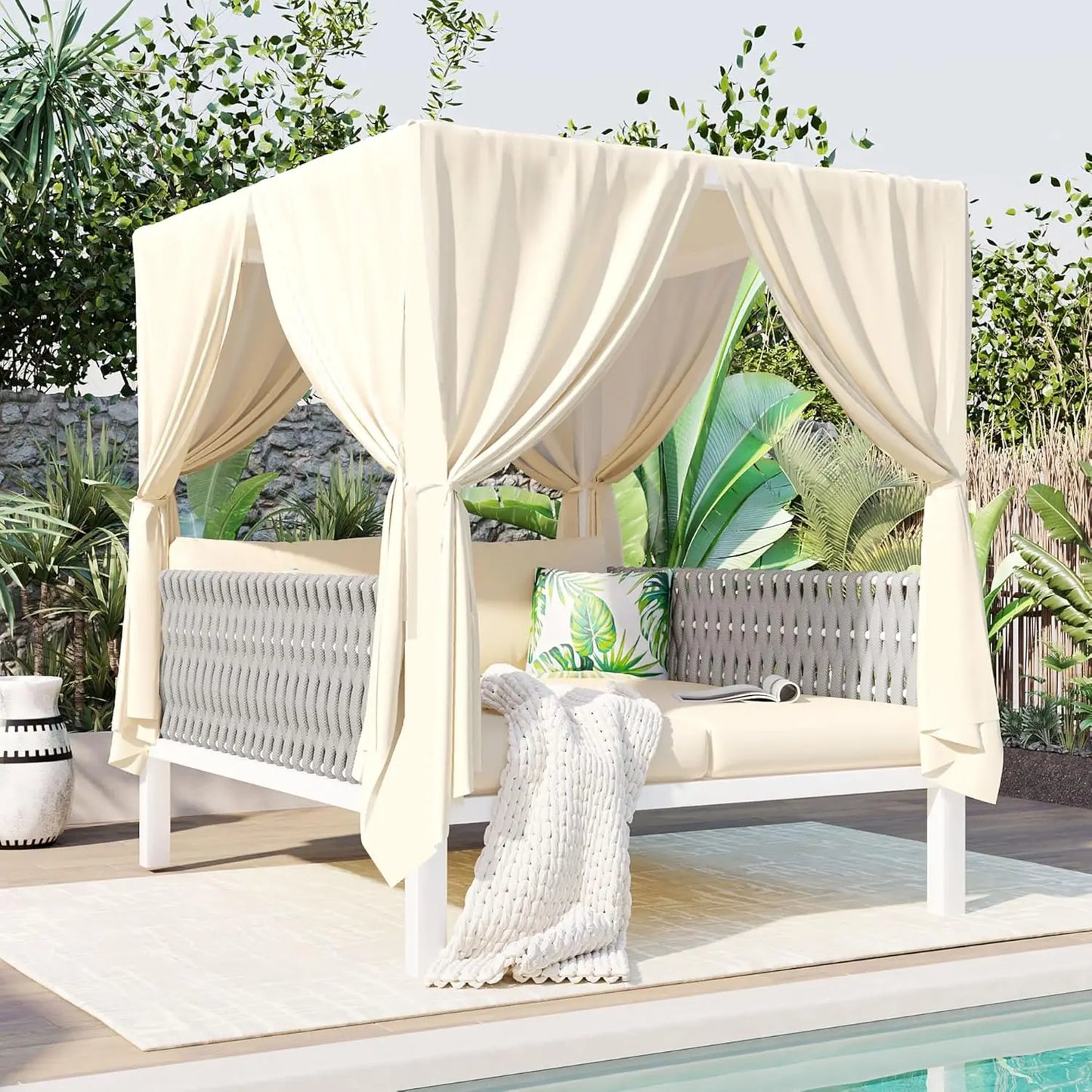 Outdoor Rattan Daybed with Canopy and Adjustable Seats