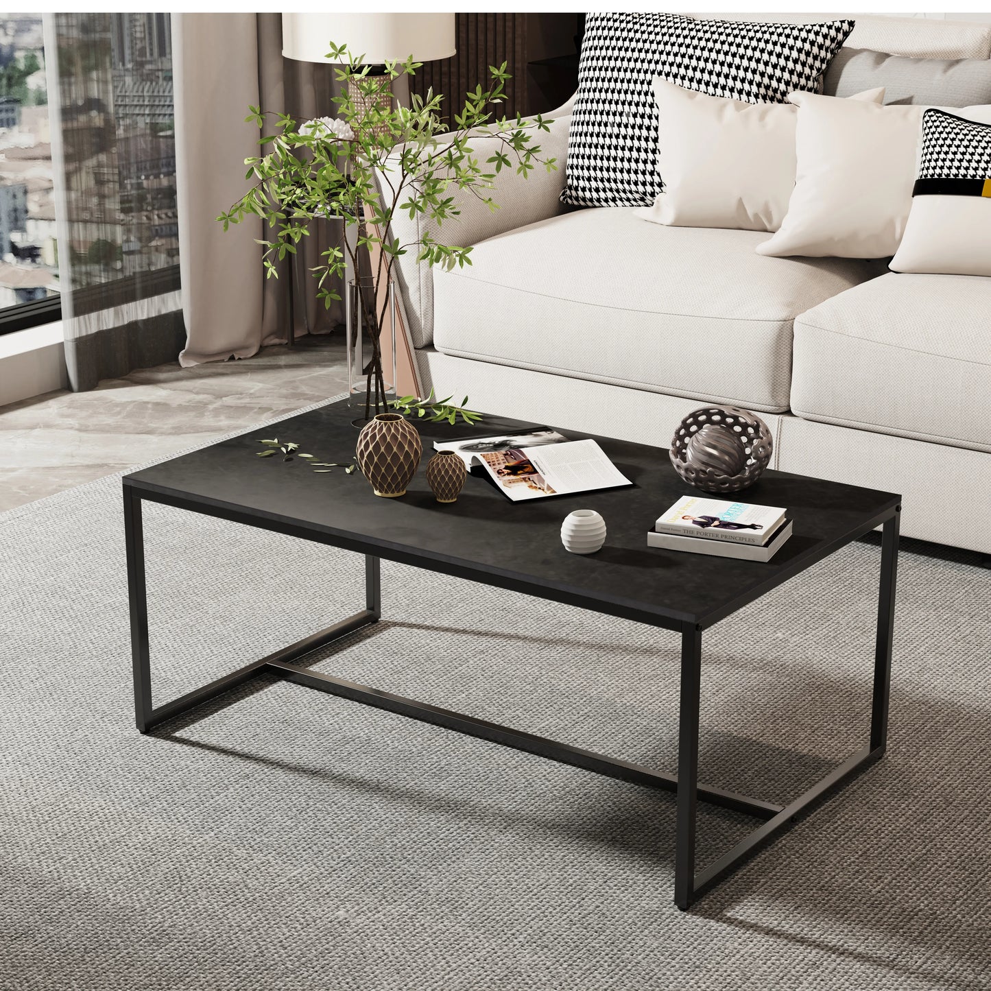 Grey Sintered Stone Coffee Table – Rectangular with Black Metal Frame