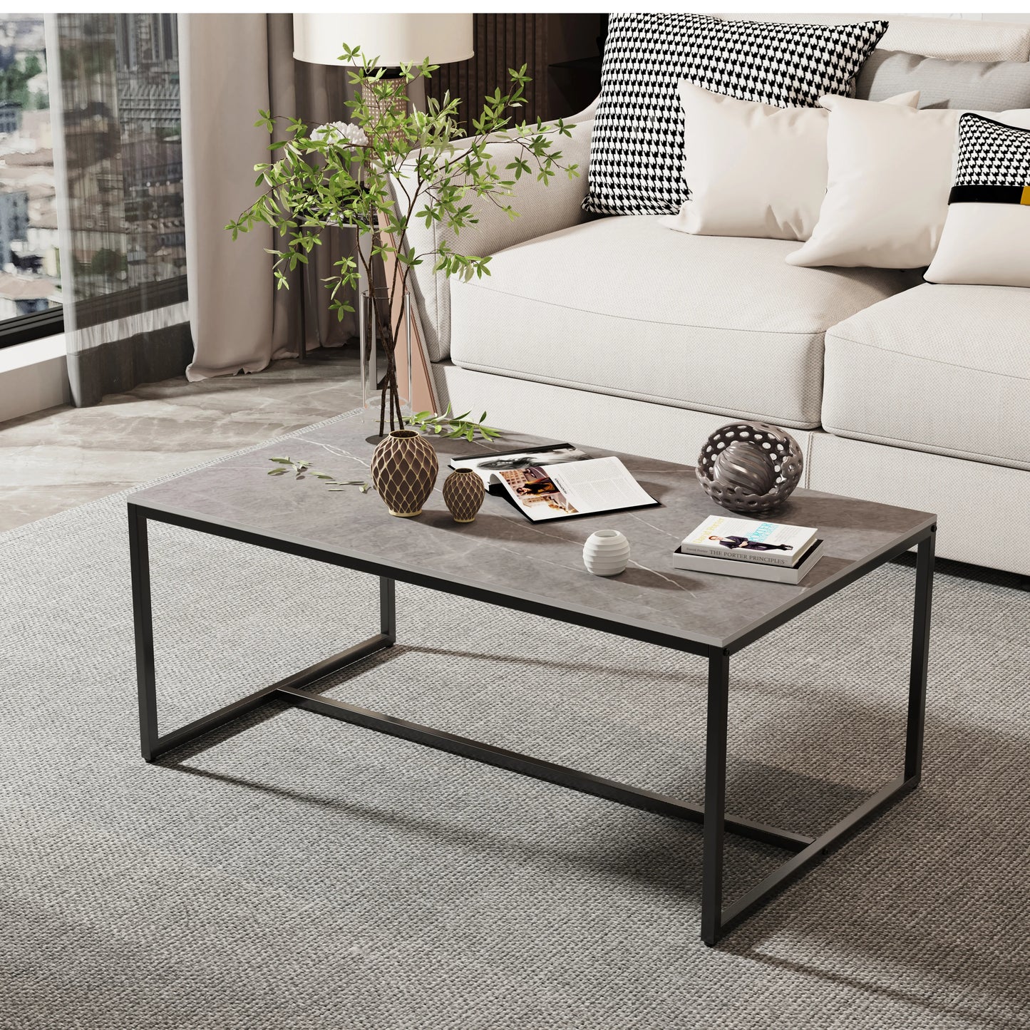 Grey Sintered Stone Coffee Table – Rectangular with Black Metal Frame