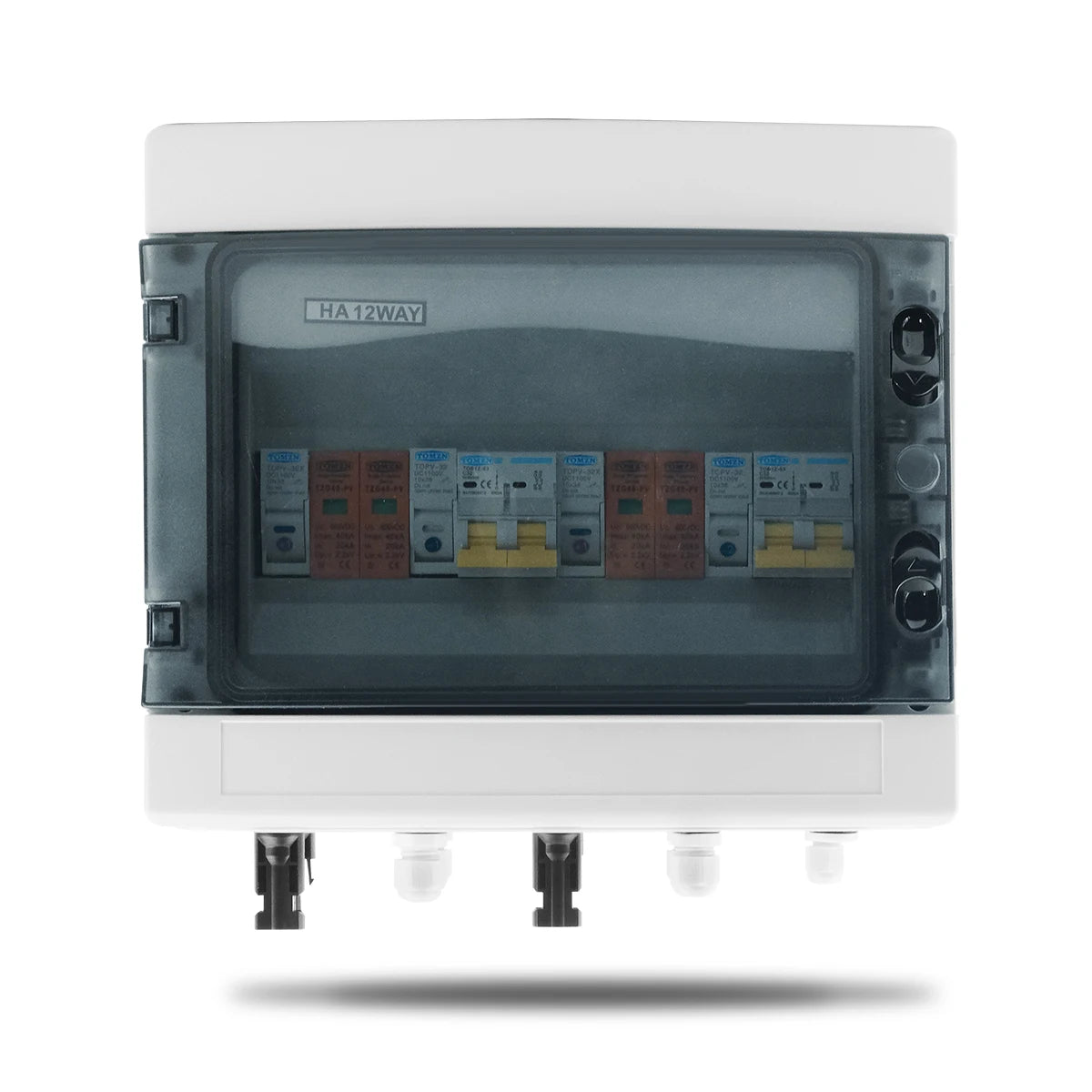 TOMZN 2 In 2 Out PV Combiner Box – 600V DC | 12-Way | IP65 Waterproof | SPD + MCB + Fuse