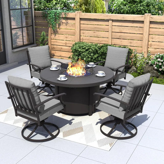 5-Piece Outdoor Patio Furniture Set – Round Fire Pit Table & 4 Swivel Chairs