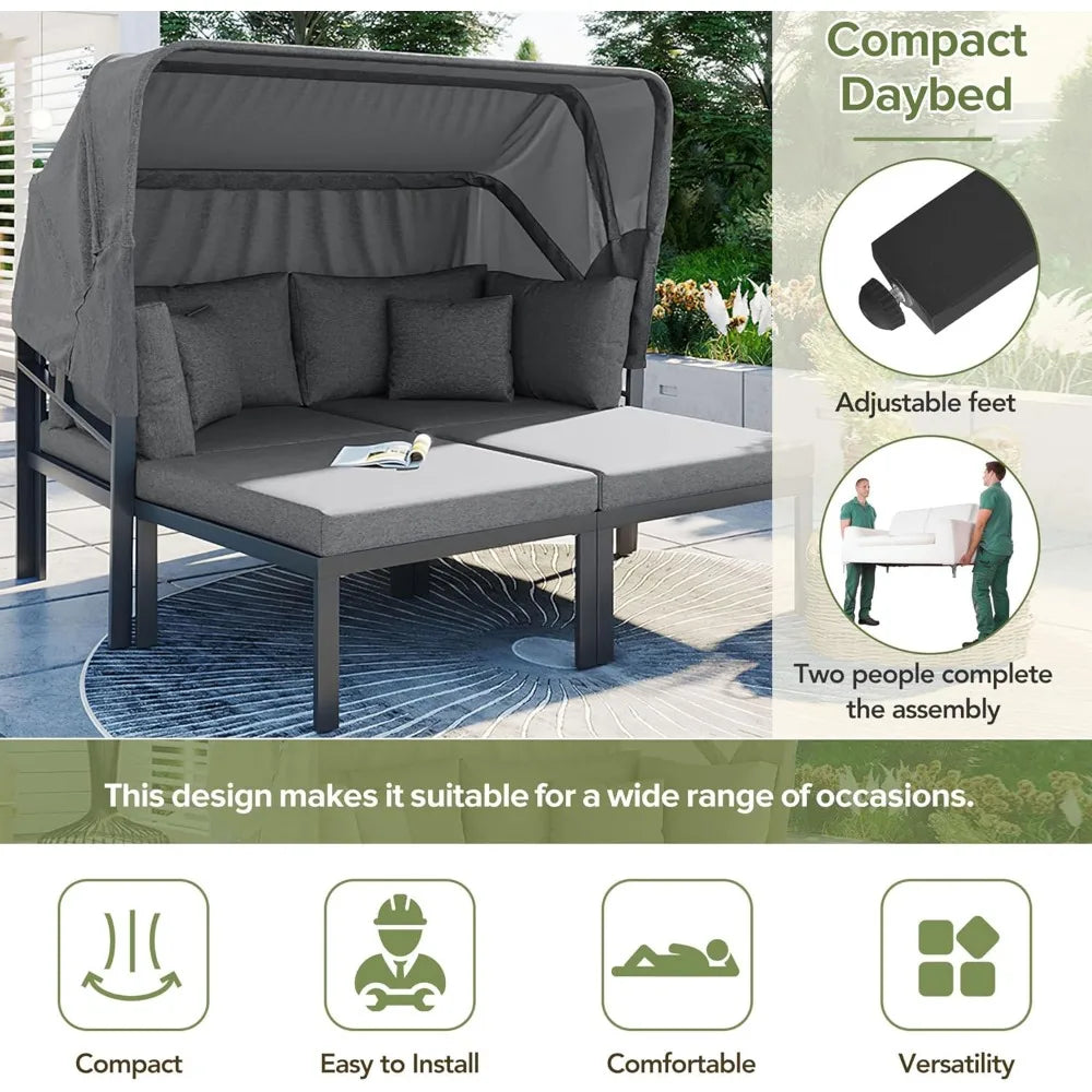 3-Piece Outdoor Patio Daybed with Retractable Canopy
