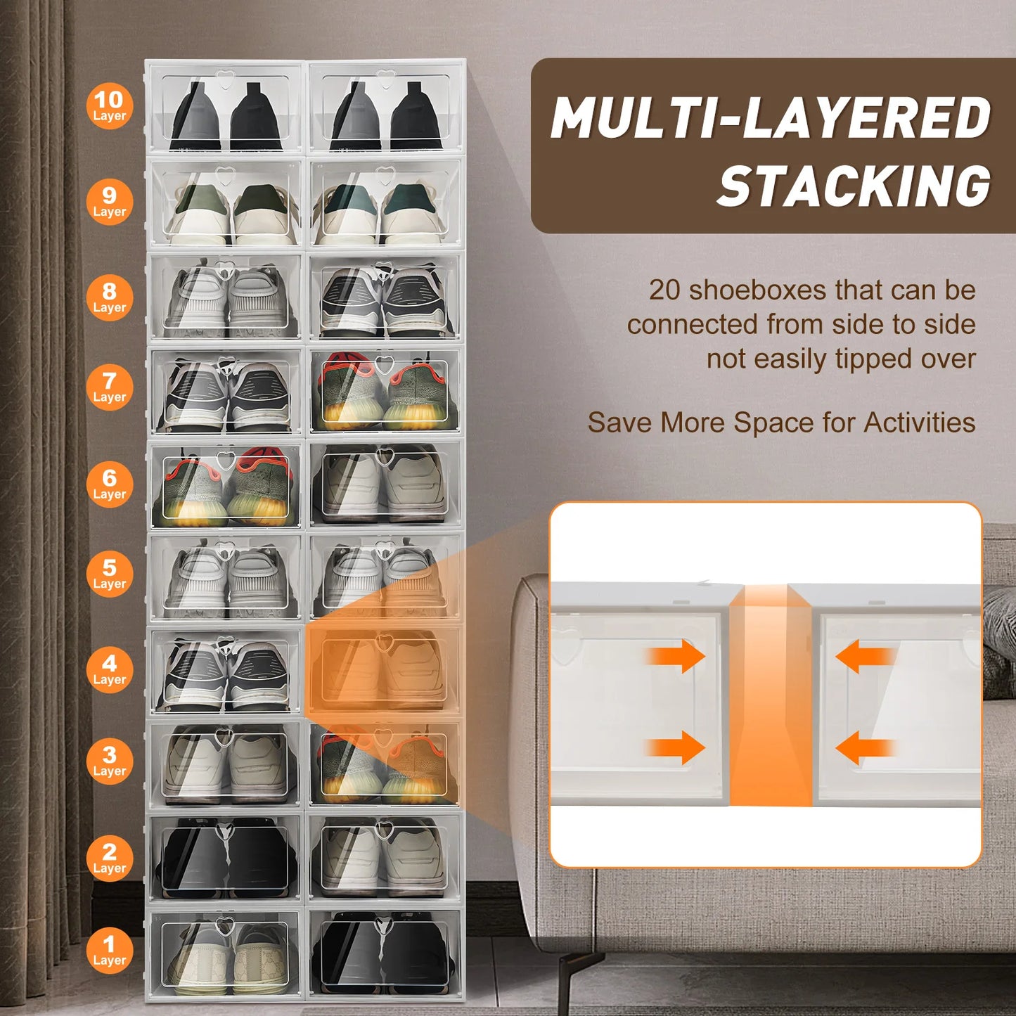 20-Pack Clear Stackable Shoe Storage Boxes with Lids – Space-Saving Sneaker Organizer Bins