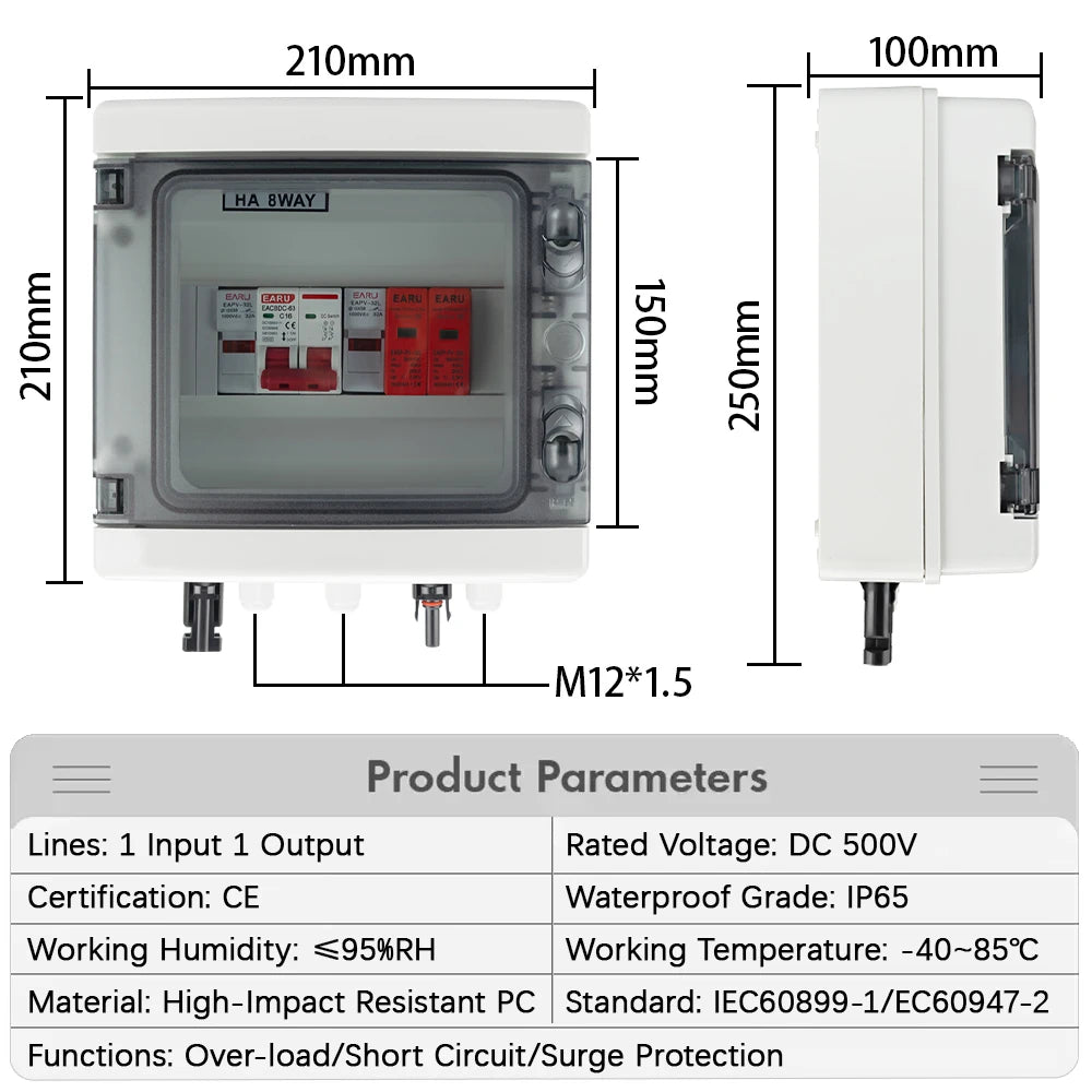 DC 500V Solar PV Combiner Box – 1 In 1 Out | SPD + Fuse + MCB | IP65 Waterproof