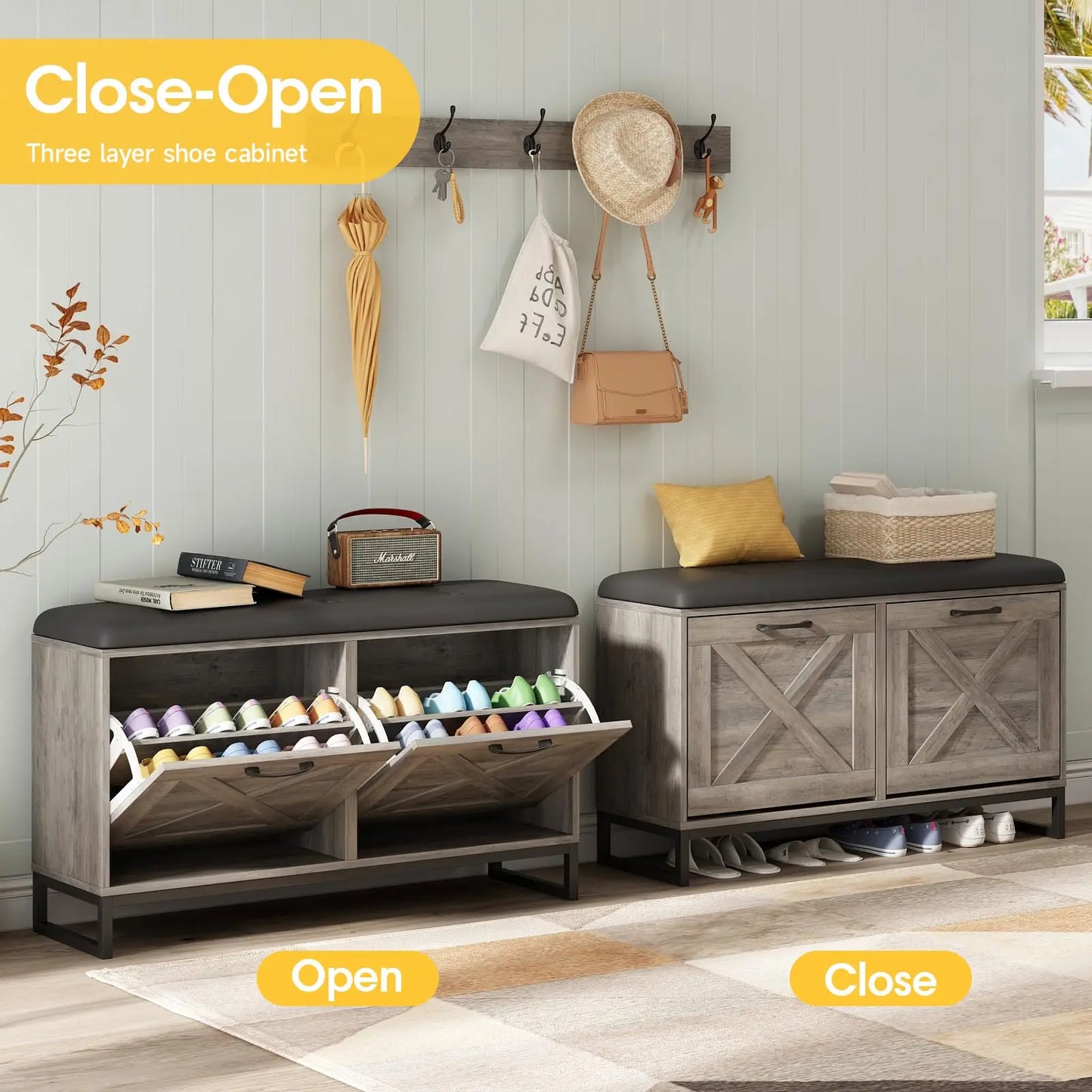 Vabches Shoe Storage Bench – Wooden Cabinet with 2 Flip Drawers & Coat Rack