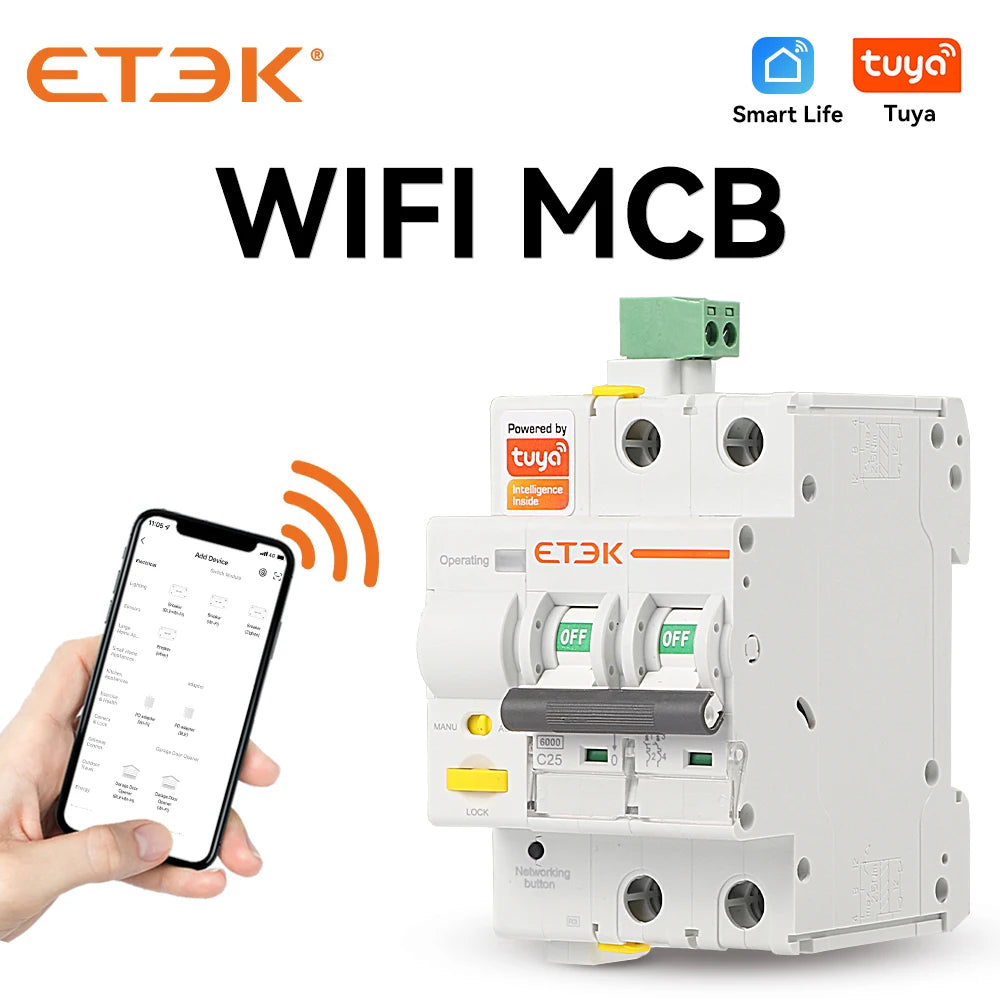 ETEK Tuya Smart MCB Circuit Breaker | 2P | 16A-63A | Wi-Fi Control & Protection