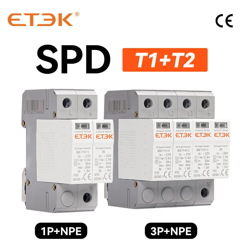 ETEK EKU5 T1+T2 SPD – House Surge Protector | 1P+NPE / 2P / 3P+NPE / 4P