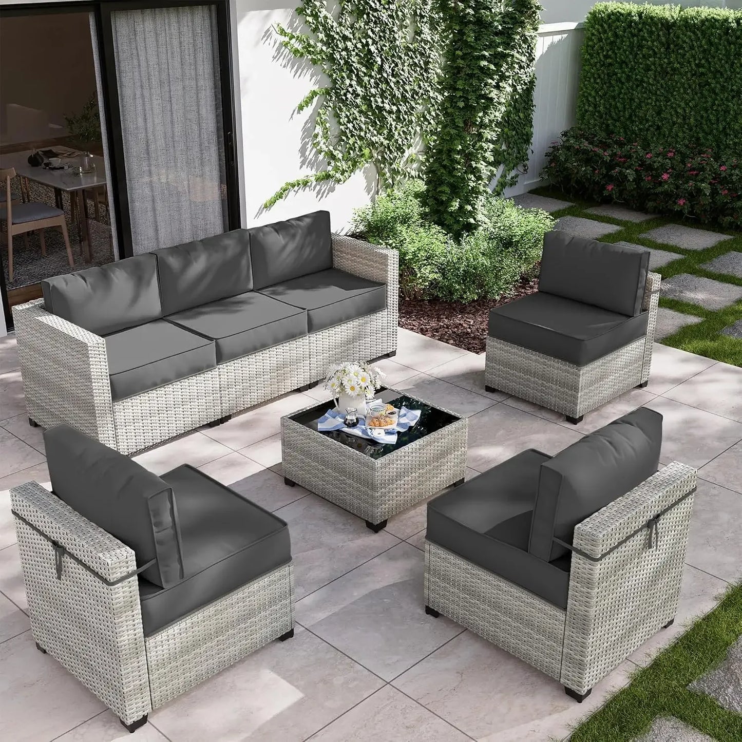 8-Piece Outdoor Patio Furniture Set with Fire Pit Table – Modular Wicker Conversation Set