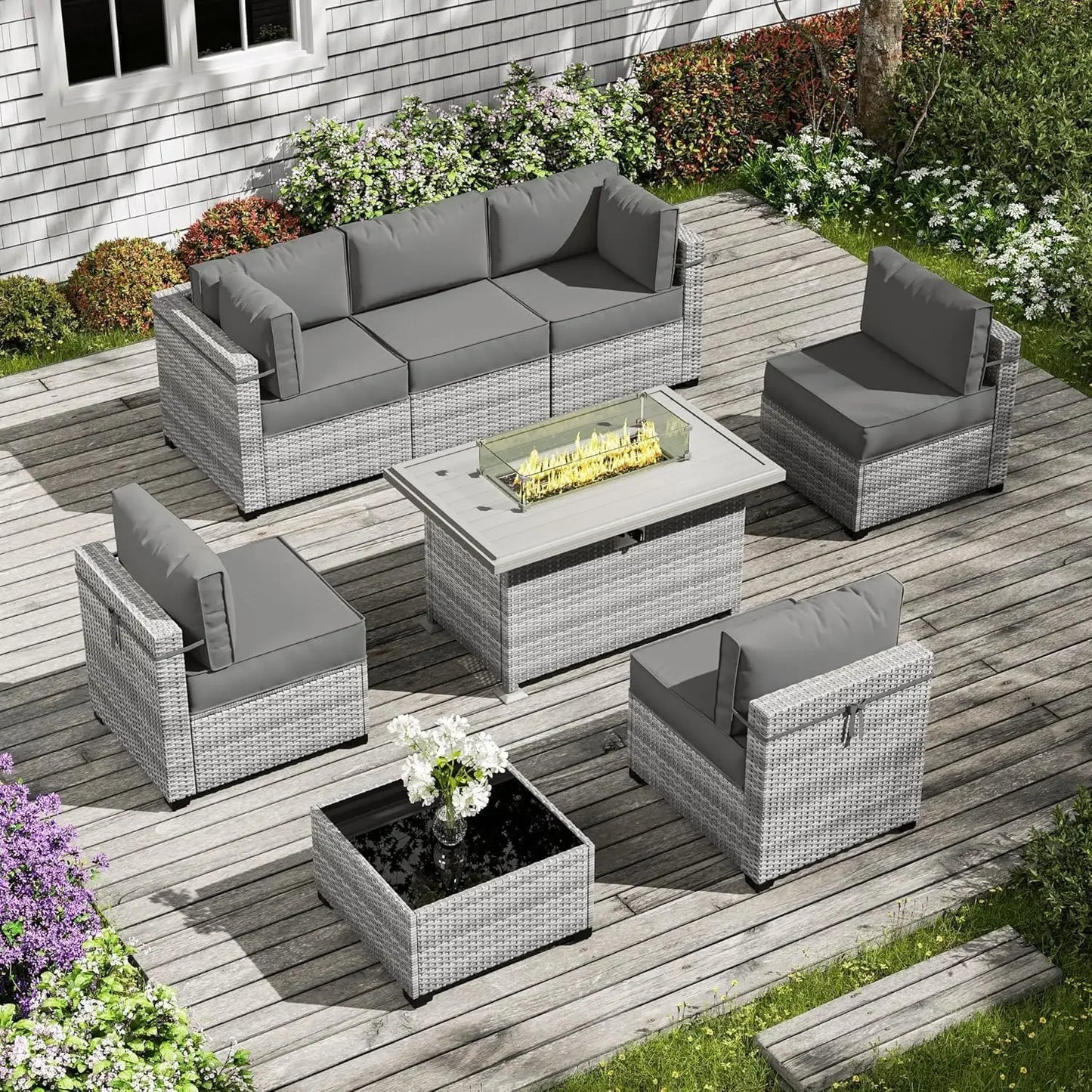 8-Piece Outdoor Patio Furniture Set with Fire Pit Table – Modular Wicker Conversation Set